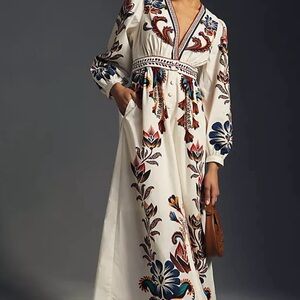 Anthropologie White and Multicolor Embroidered Long Sleeve Dress